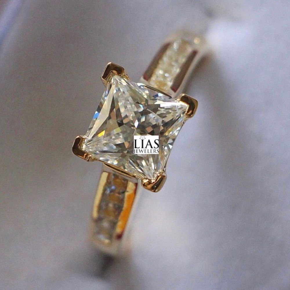 Gold Solitaire Princess-Cut Engagement Ring with Pave Band -